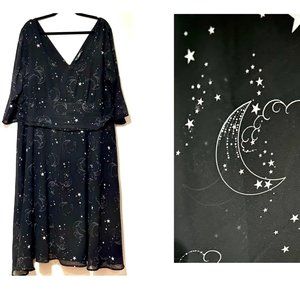 Flowy Dress ~ Crescent Moons & Stars in the Clouds print ~ 4x ~ black & white